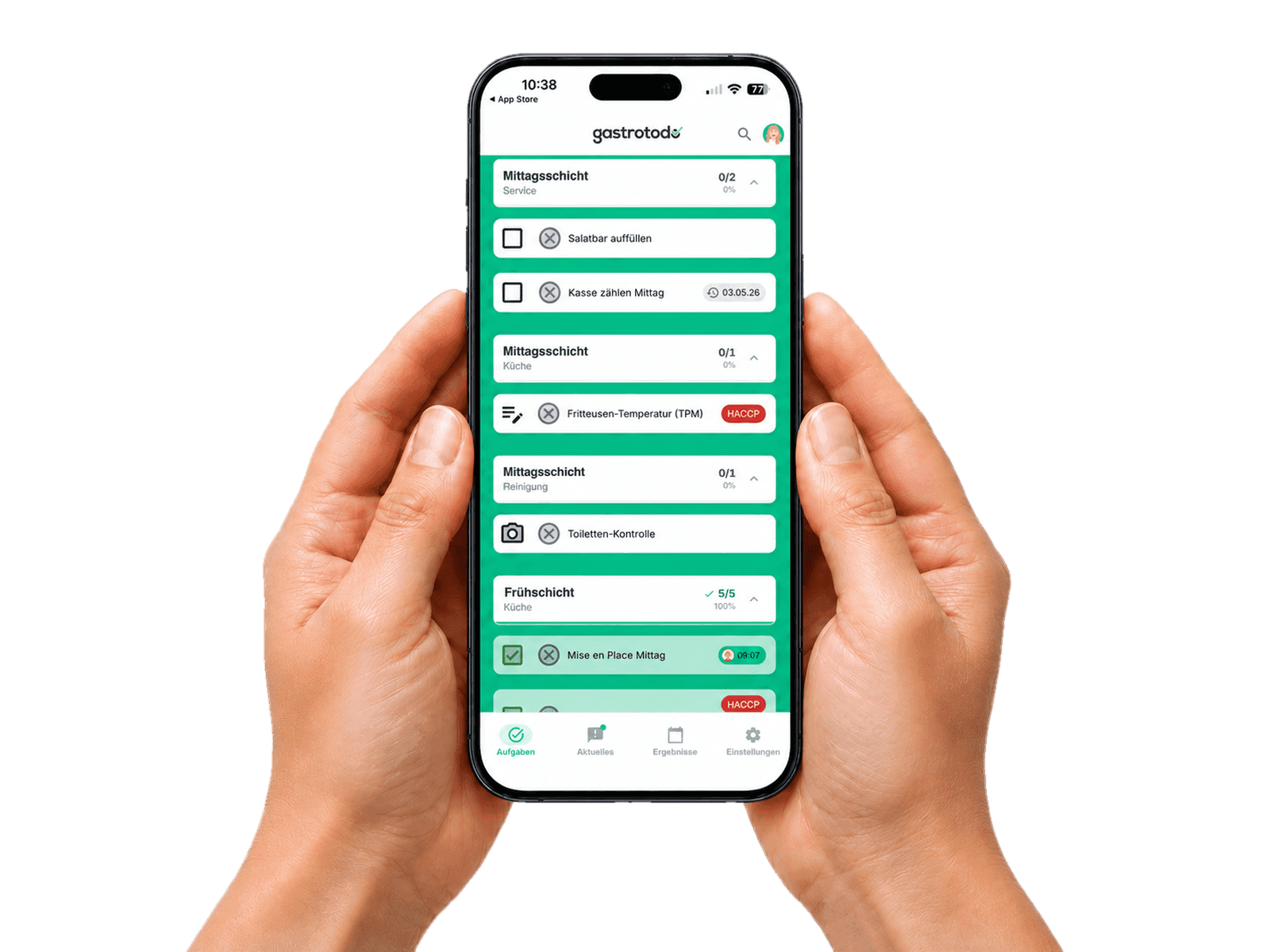gastrotodo App auf dem iPhone — Schicht-Checkliste mit erledigten HACCP- und Reinigungs-Aufgaben